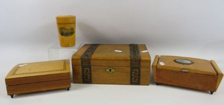 3 Vintage wooden keepsake / Jewellery boxes and a Mauchline ware glass holder.