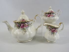 Royal Albert Autumn Roses Teapot, jug and sugar bowl, all 1st quality.