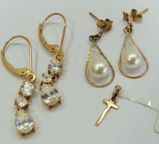 Pair of 9ct Crystal Set Earrings plus a pair of 9ct pearl set earrings together with a very tiny 9ct