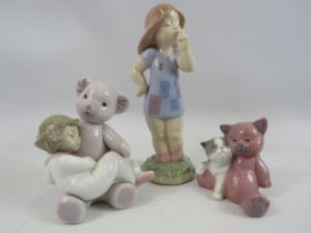 3 Nao figurines, Teddy bear with girl, Cat with teddy etc.