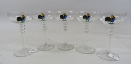 5 French vintage cocktail glasses hand painted with cockerel design, 4" tall.