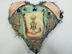 Vintage Heart shaped Sweetheart cushion for Prince of Wales own Yorkshire Regiment of Foot approx 7