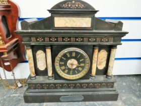 Large Slate Mantle Clock. Runs but will need pendulum so consider for spares or repairs. Very heavy.