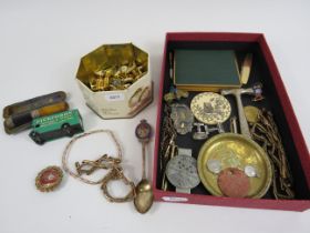 Interesting mixed lot to include cuff links, sterling silver spoon, badges etc.