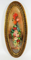 Italian Oil on Board of Floral Still life signed 'Landi' housed in an oval gilt frame which measures