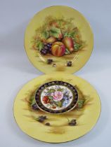 2 Aynsley orchard gold 10" plates plus a Aynsley Cabbage rose JA Bailey saucer.