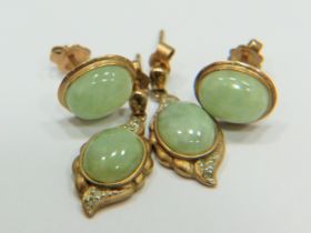 Two Pairs of 9ct Yellow Gold, Jade set earrings. See photos.