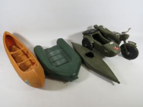 Action Man accessories. Motorcycle & Sidecare, Canoe, Kayak and landingcraft/assault boat. See photo