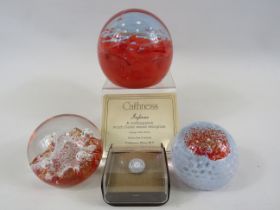 3 Caithness paperweights Inferno, Red mini moon flower, Lace maker and a mini millefiori.