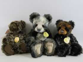 3 X Charlie Bear teddies Aaron CB193929B, Hattie CB614865 & Harris CB194516.