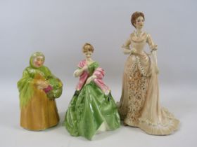 3 Figurines Coalport old lady, Royal Worcester First dance and V&A Madeline which is A/f.