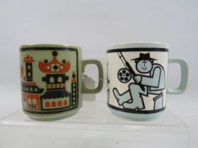 2 Hornsea John Clappison designed mugs Fisherman and Cityscape.