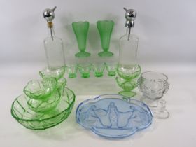 Selection of Art deco glass including Uranium glass trifle set and 4 shot glass.