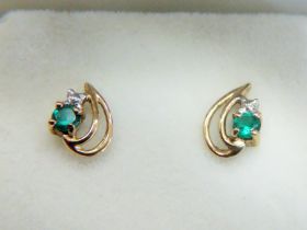 Pair of 9ct Yellow Gold double loop ear studs, each set with a small circular Emerald coloured CZ s