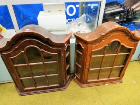 Two wall mounted wooden display cupboards. Each measures approx 28 x 26 x 7 Inches. See photos.