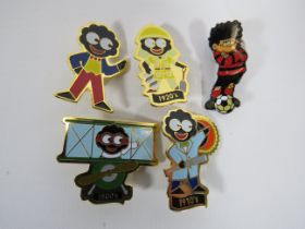 4 Robertsons jam badges and a Dennis the Menace badge.