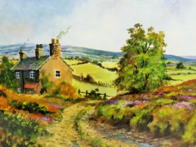 Original Wilf Parker Acrylic on board 'Fell top Farm'  Framed and mounted under glass which measures