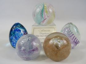 5 Caithness paperweights Day dreams, Feather, Fortune, Summer haze and Moon crystal.