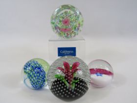 4 Caithness paperweights Coral Flowers, Flower in the rain, Weaver and Fleur.