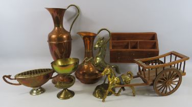 Mixed lot brass copper and wooden items.