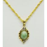 9ct Yellow Gold Pendant set with a Central Jade with Diamond surround. Hung on a 14ct fancy link 22 