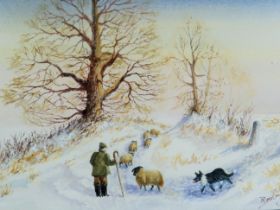 Original Watercolour by Margaret Dowling of a winter farming scene 'On the Move' Framed and mounted