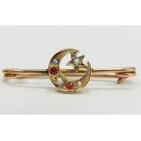 Vintage 9ct Yellow Gold Crescent Brooch set with seed Pearls & Rubies. 1.9g  comes with it’s origina