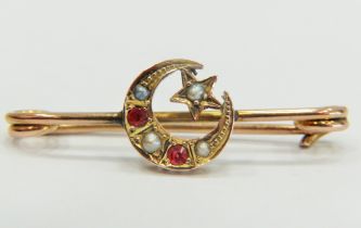 Vintage 9ct Yellow Gold Crescent Brooch set with seed Pearls & Rubies. 1.9g comes with it’s origina