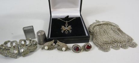 Sterling silver necklace with pendant and 2 pairs of silver clip on earrings plus a white metal