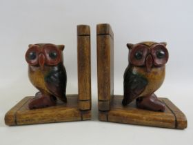 Pair of craved wooden owl book ends, each measures 7" tall and 6" wide.