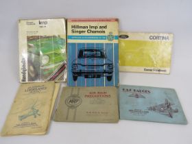 Hillman imp and cortina handbooks plus 3 cigarette card albums with cards.