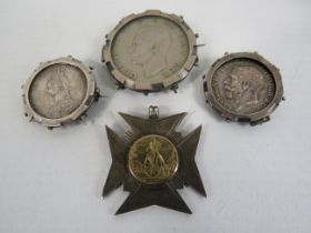 2 Silver mounted coins plus a cupro nickle mounted coin and a fob.