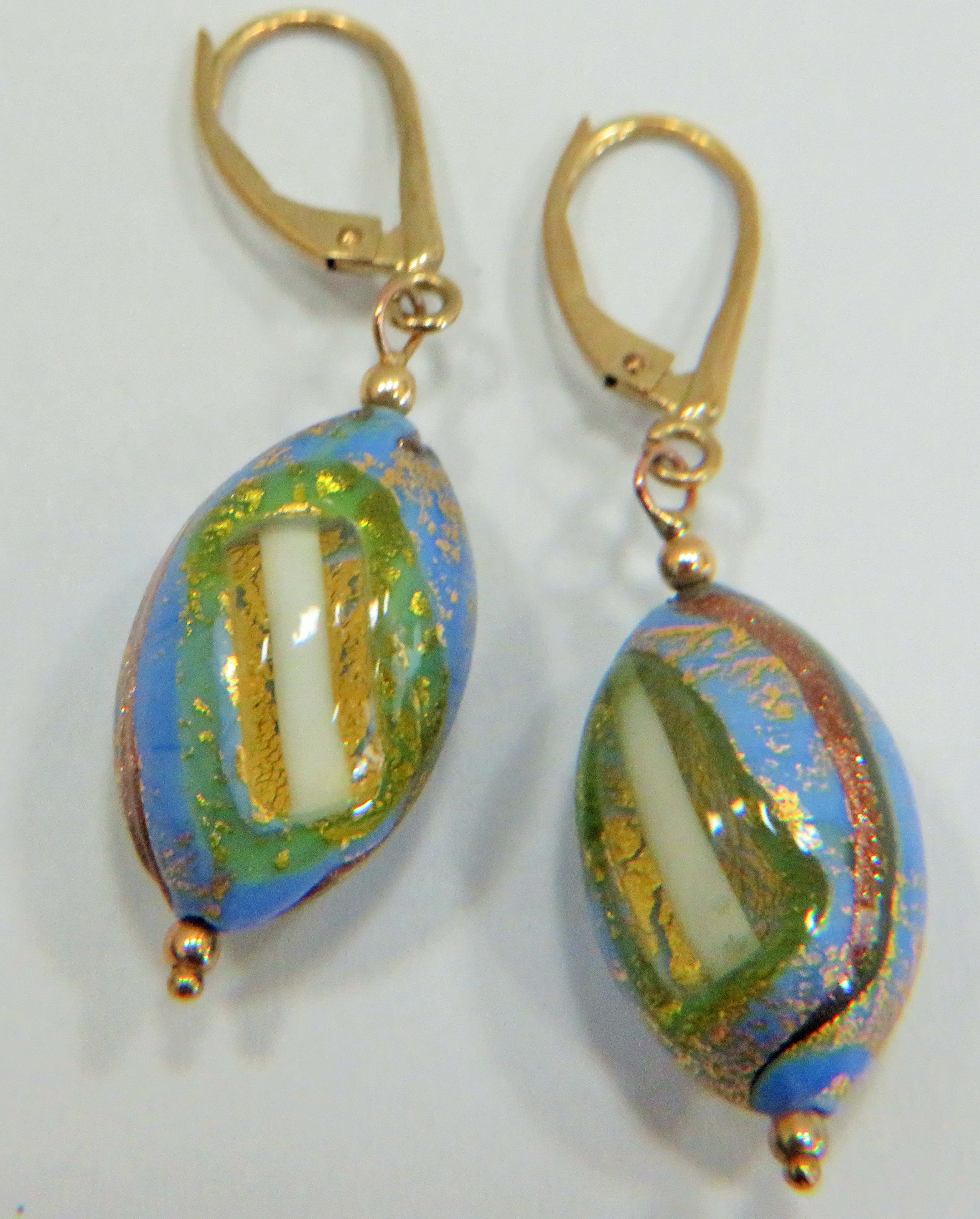 Pair of Beautifully made glass earrings with 9ct yellow gold mounts.  Each 45mm long. See photos. 