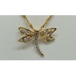 9ct Yellow Gold Dragonfly Marcasite pendant hung on an 18 inch, 9ct Yellow Gold twist Chain. 2.5g