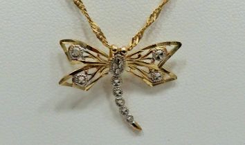 9ct Yellow Gold Dragonfly Marcasite pendant hung on an 18 inch, 9ct Yellow Gold twist Chain. 2.5g