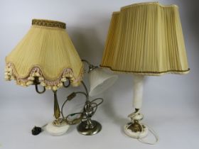 2 Vintage brass and marble table lamps with shades plus one other.