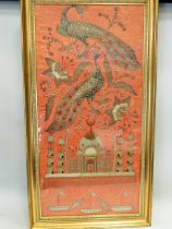 Beautifully embroidered picture of Peacocks & Temple, probably Indian made. Framed under glass in gr