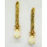 Pair of 9ct Gold Opal set Drop earrings . Each approx 25mm long. Total weight 2.0g