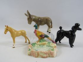 Beswick foal, poodle and pin dish plus a sylvac donkey figurine (pin dish is A/F)