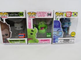 Three Funko Pops Models Number 59 Candy Land plumpy, Simpsons Treehouse of Horror Werewolf Bart N