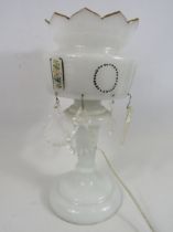 Vintage opaque lustre which has been converted to a lamp, 13" tall (some of the crystal drops are