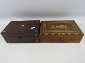 Vintage wooden Marquetry sewing box plus a keepsake box.