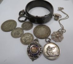 Mixed silver lot to include a Silver Bangle plus jewellery. Shooting Medals, Silver and enamel fob,