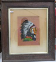 Framed handpainted piece of leather of a Native American Indian, the frame measures 19" by 17".