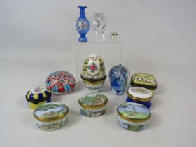 Selection of enamel pill boxes and glass paperweights etc including 3 Rare Crummles pill boxes.