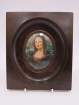 Mini portrait of Mona Lisa in a oak frame, Frame measures 15.5cm by 13.5cm.
