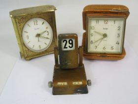 Vintage Perpetual calendar, travel alarm clock and small mantle clock.