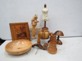 Selection of various woodenware figurines, bowls etc.