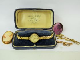 Mixed Jewellery lot to include a ladies Hirco watch with 9ct Body and expanding gold tone metal stra