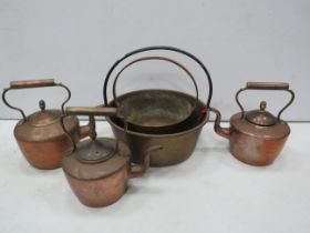 2 Brass jam pans and 3 copper kettles.